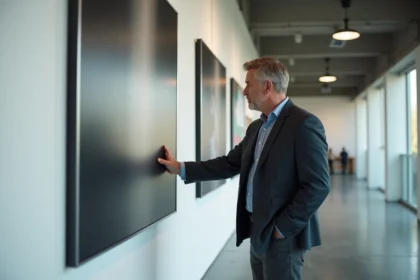 Homme d'âge moyen regardant une affiche en aluminium dans un intérieur moderne