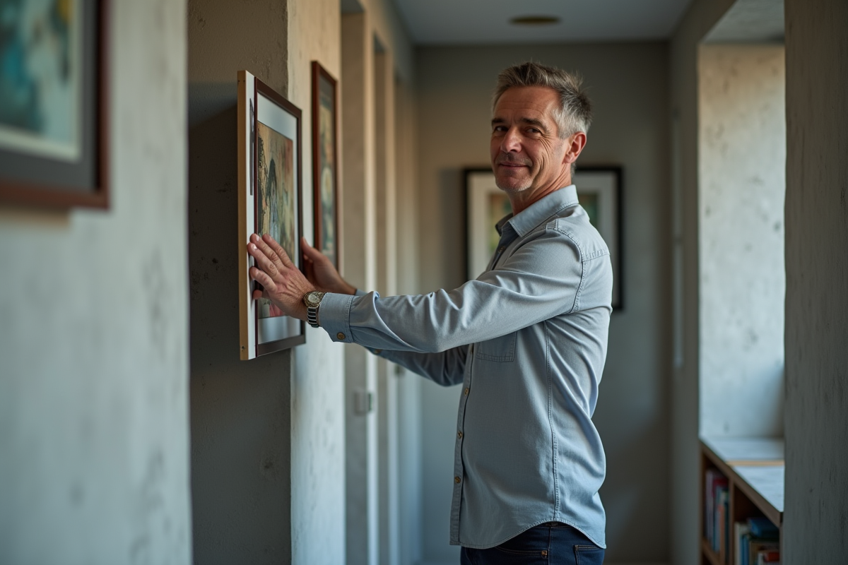 Homme utilisant des crochets pour accrocher une œuvre dans un couloir en béton