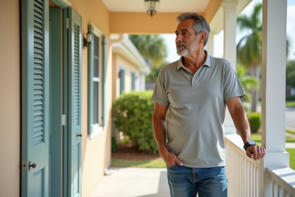 Homme hispanique examine un volet antiouragan sur sa maison en Floride