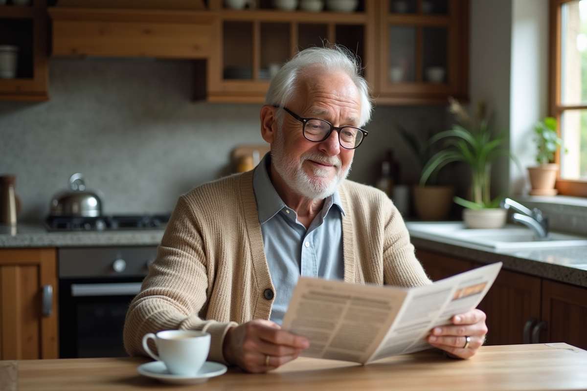 Homme âgé lisant un journal dans une cuisine chaleureuse