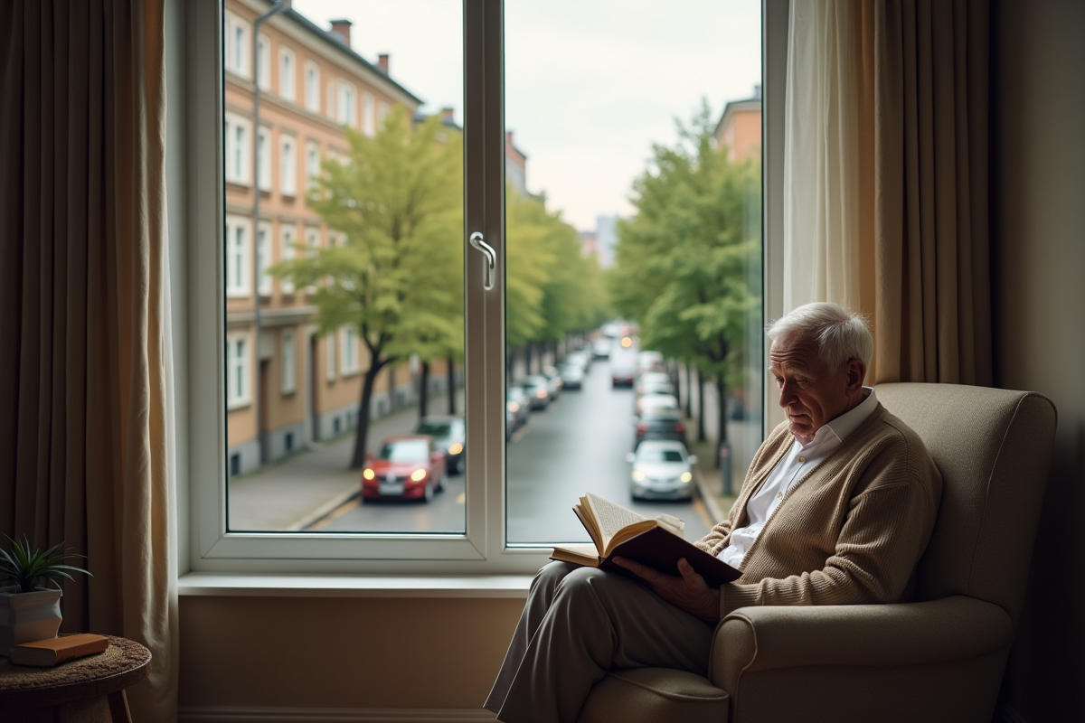 Homme âgé lisant dans un salon avec vue sur la rue
