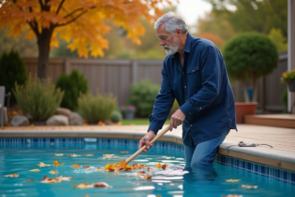 Homme d'âge moyen nettoie feuilles piscine automne