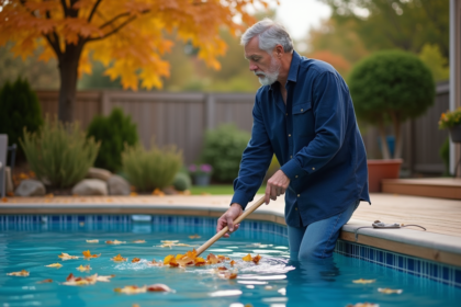 Homme d'âge moyen nettoie feuilles piscine automne