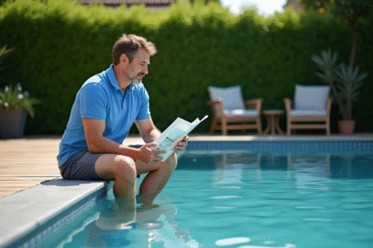 Homme moyenâgeux vérifiant un produit pour piscine dans le jardin