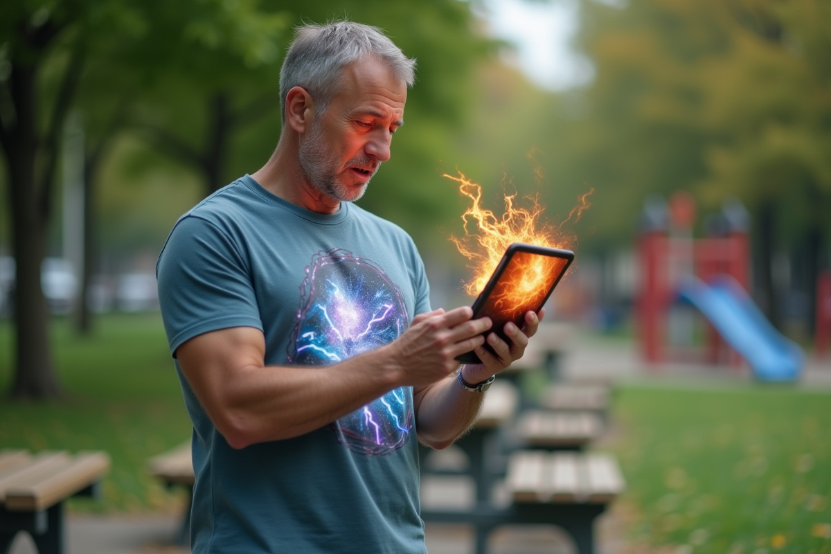 Homme dans un parc urbain regardant une tablette avec sortilège