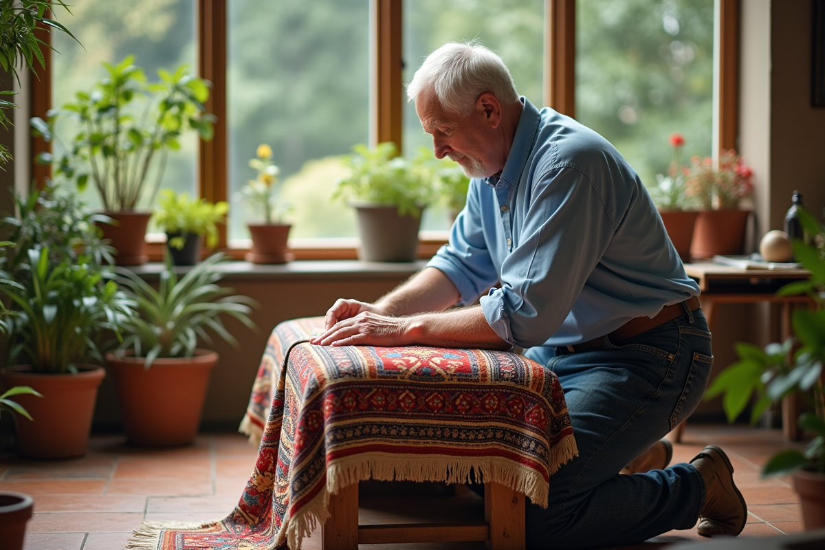 Homme âgé rénovant un banc avec un tapis coloré