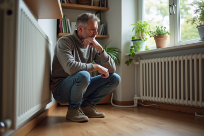 Homme ajustant le thermostat dans un salon lumineux