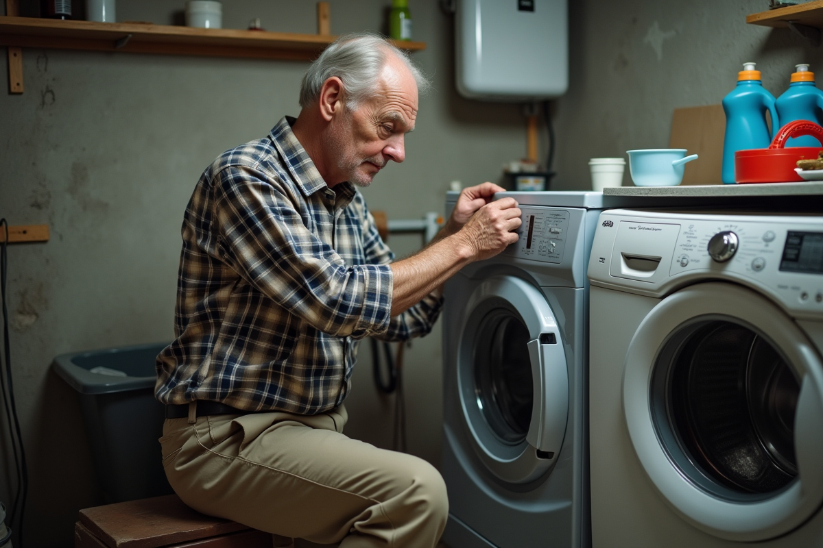 Homme âgé inspectant une vieille machine à laver dans la cave