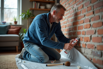 Homme appliquant imperméabilisant sur un mur intérieur en briques