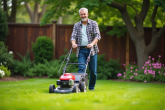 Homme d'âge moyen tondant la pelouse avec une tondeuse manuelle