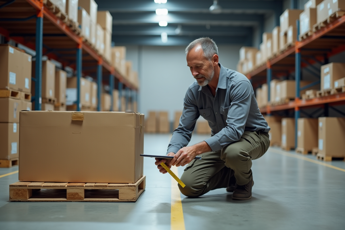Homme vérifie dimensions de cartons dans un entrepôt