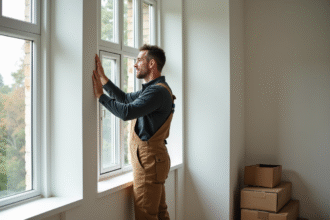Installateur de fenêtres en travail pose une fenêtre moderne