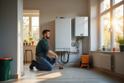 Technicien installant une chaudière gaz moderne dans une pièce lumineuse