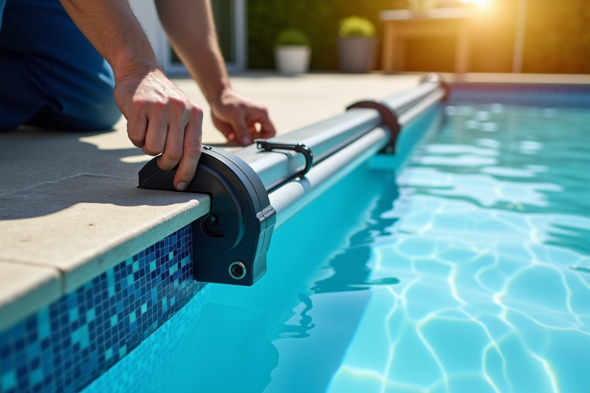 Technicien installant une couverture automatique sur une piscine
