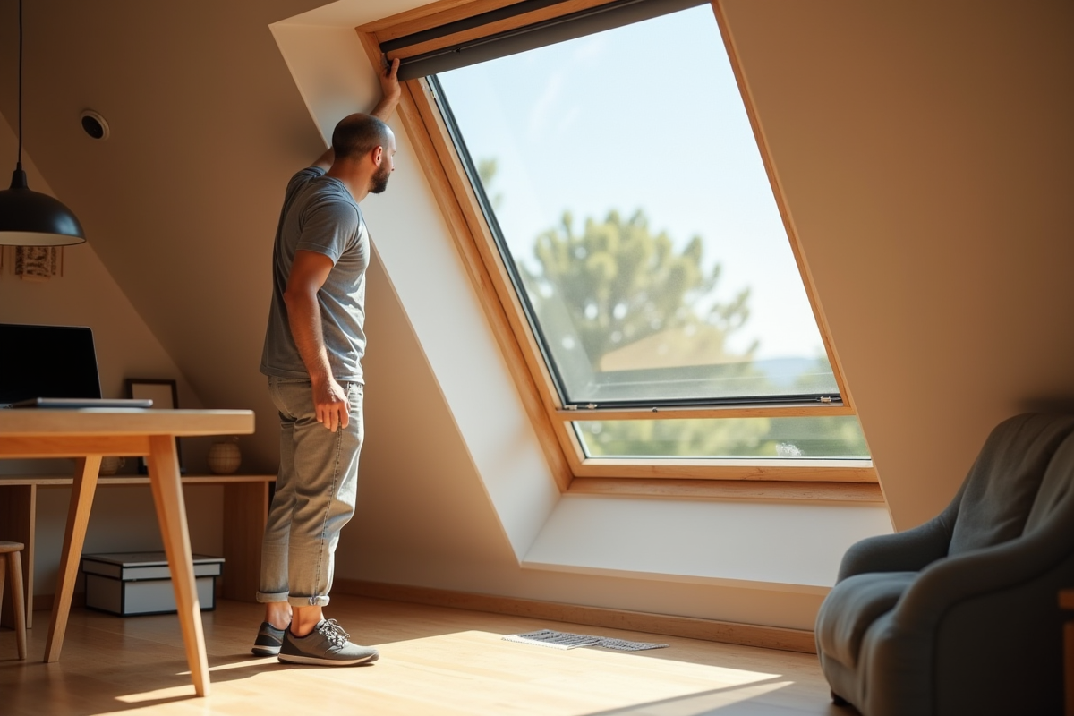 Personne installant facilement une moustiquaire moderne sur une fenêtre de toit Roto dans un grenier lumineux