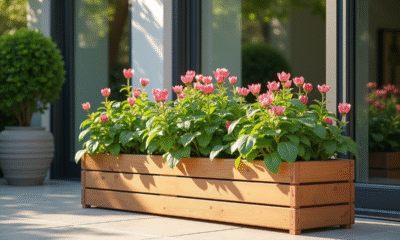 Jardinière en bois moderne sur patio ensoleillé avec plantes vertes