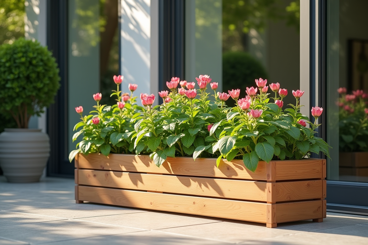 Jardinière en bois moderne sur patio ensoleillé avec plantes vertes
