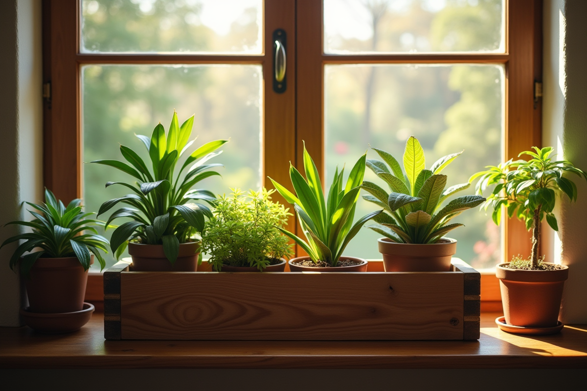 Jardinière en bois rustique sur rebord de fenêtre avec plantes d