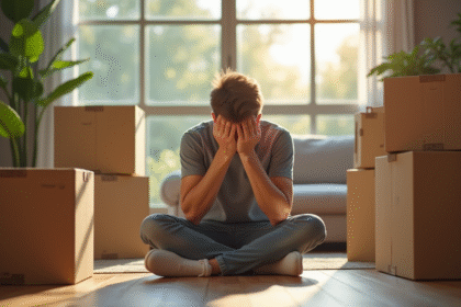 Jeune adulte assis par terre entouré de cartons en stress dans un salon lumineux