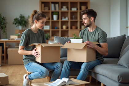 Jeune couple emballant des cartons dans un salon moderne