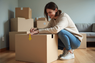 Jeune femme emballant une boxe dans un salon organisé
