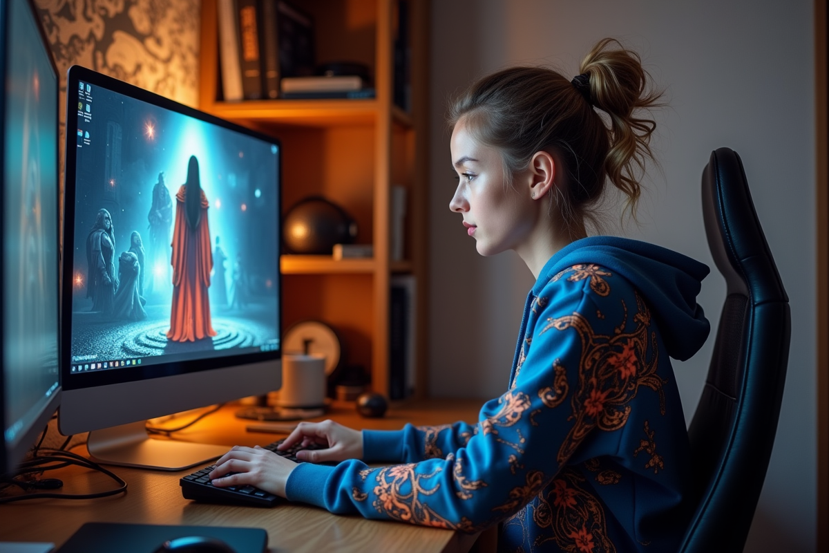 Jeune femme concentrée devant son ordinateur avec hoodie fantasy