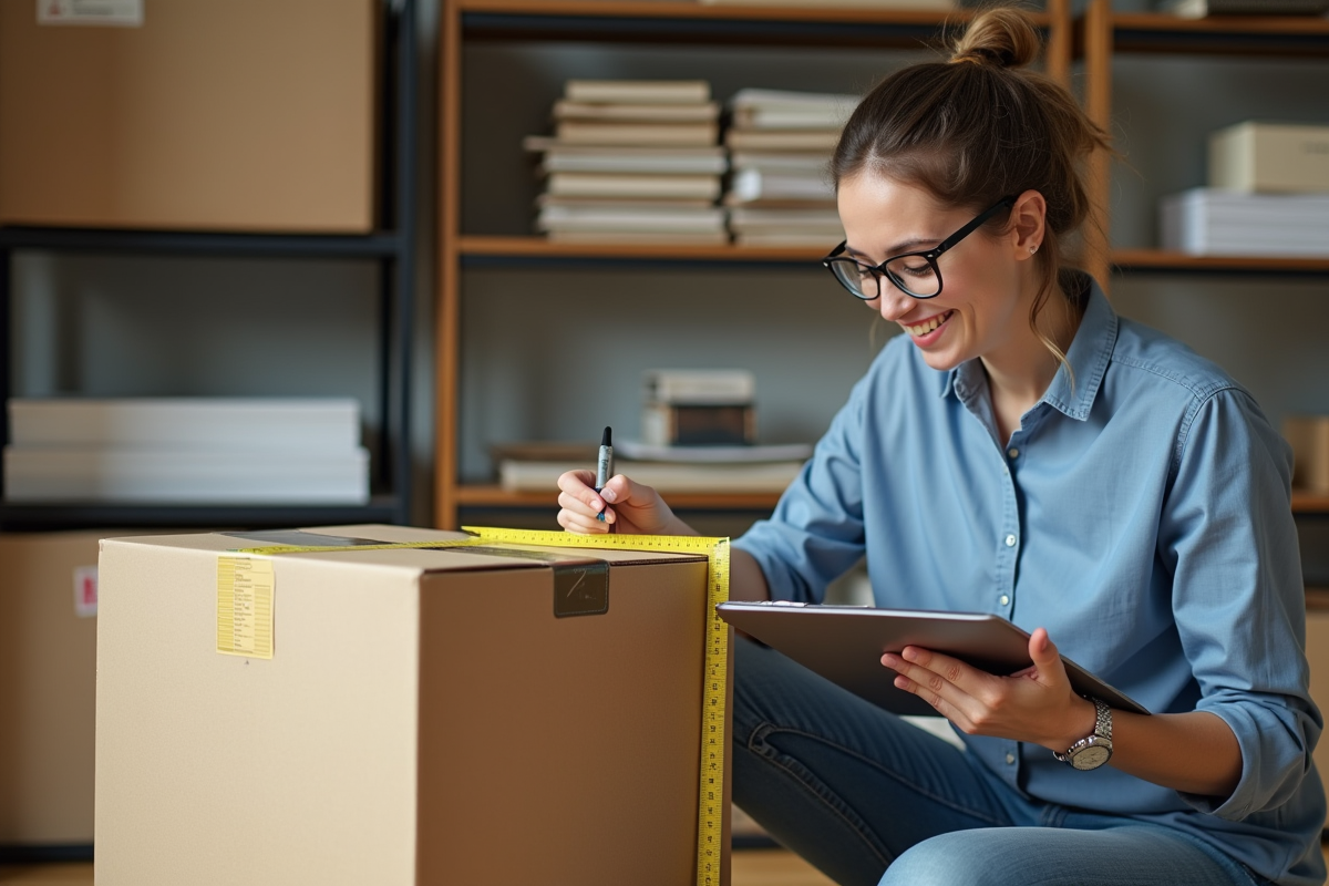 Jeune femme mesure un carton dans un bureau organisé