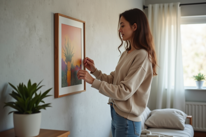 Jeune femme attachant une peinture abstraite sur un mur en béton