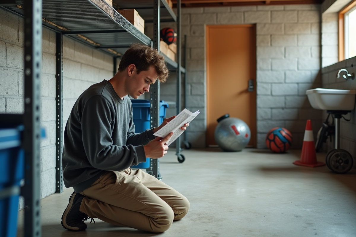 Jeune homme assemble une étagère en métal dans un sous-sol