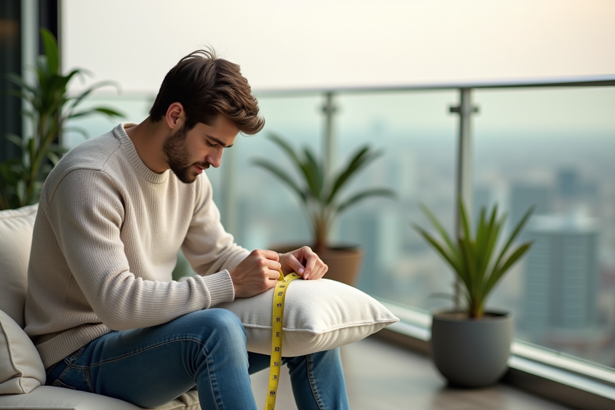 Jeune homme mesurant un coussin sur un balcon avec vue urbaine