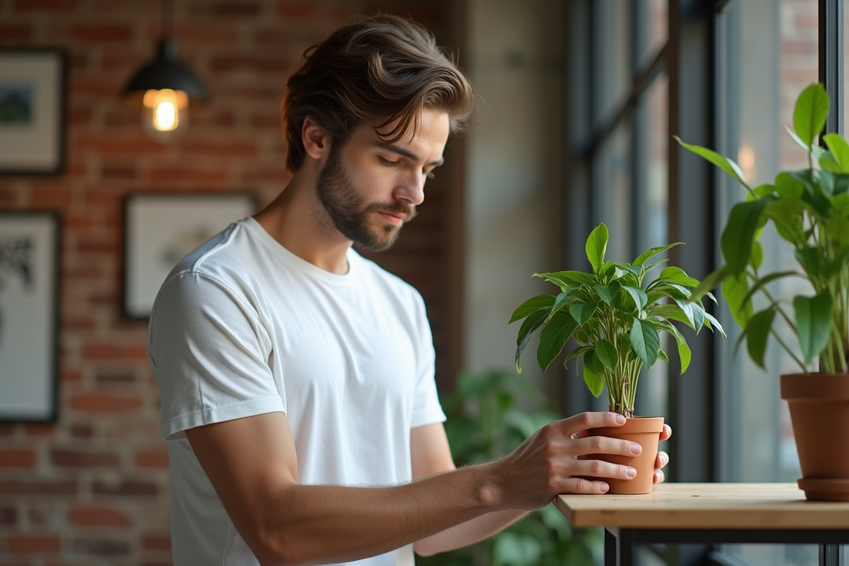 Jeune homme posant une petite plante sur une étagère