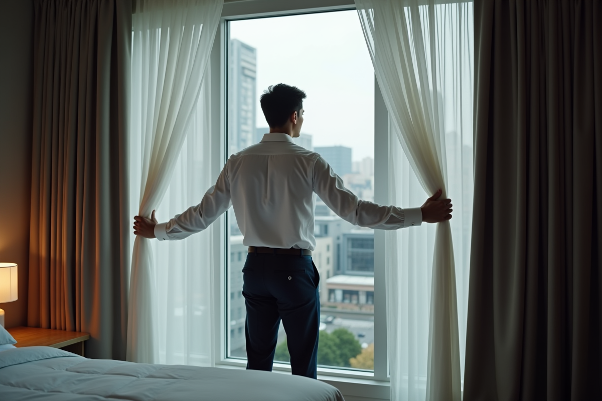 Jeune homme tirant les rideaux dans une chambre urbaine