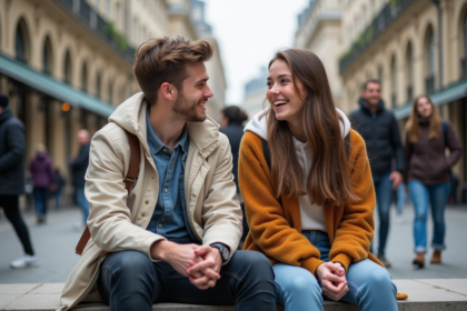 Jeunes français discutant dans une place parisienne
