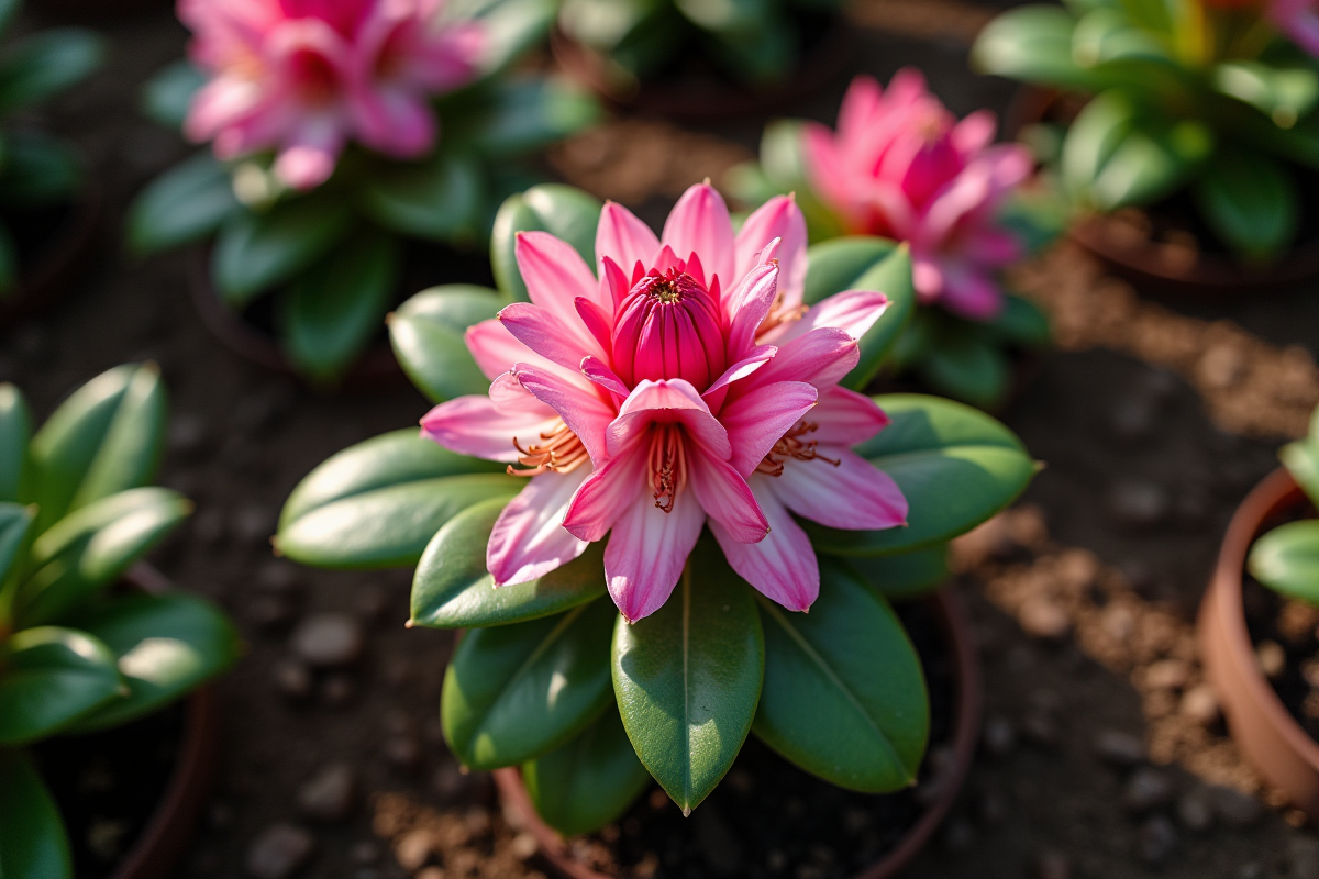 Rhododendrons nouvellement plantés dans un sol humide en plein jour