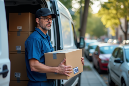 Livreur en uniforme manipulant un colis fragile à côté du van