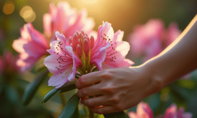 Mains délicates tenant une branche de rhododendron en jardin ensoleille