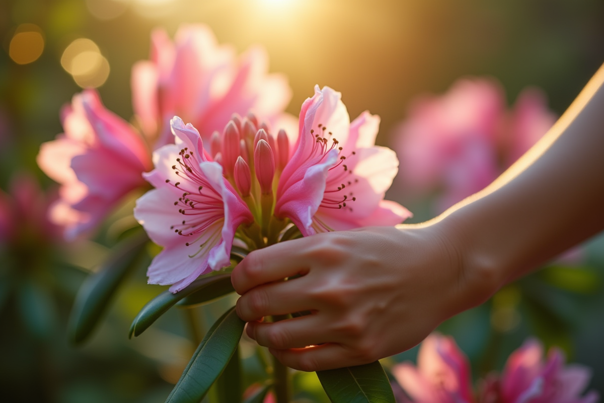 Mains délicates tenant une branche de rhododendron en jardin ensoleille