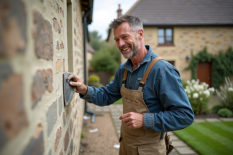 Maçon appliquant un enduit de chaux sur un mur extérieur