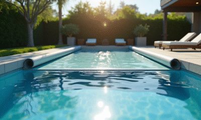 Piscine moderne avec couverture automatique partiellement déployée