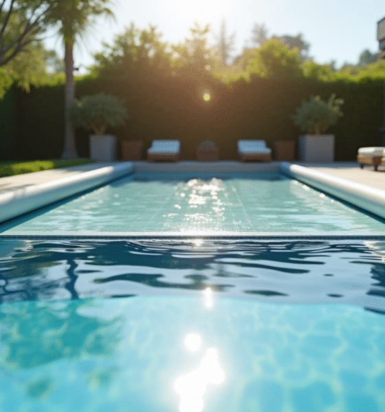 Piscine moderne avec couverture automatique partiellement déployée