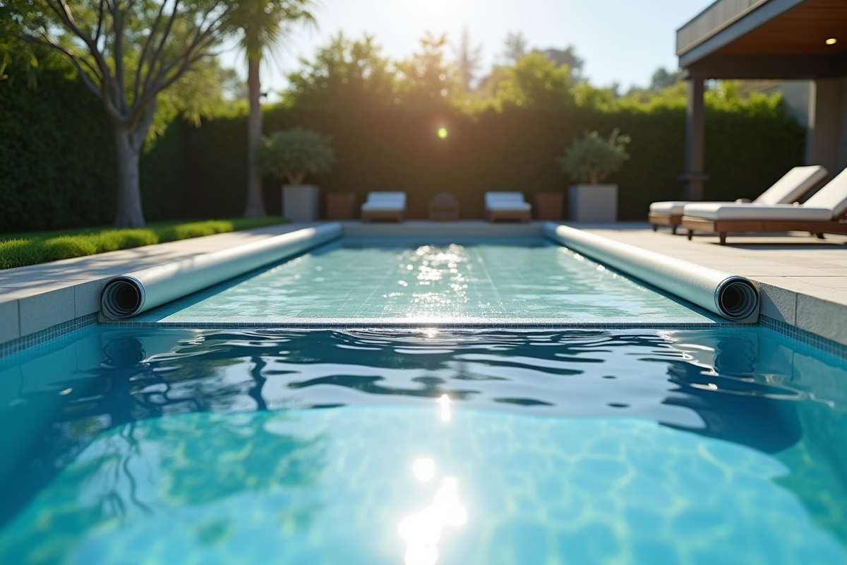 Piscine moderne avec couverture automatique partiellement déployée