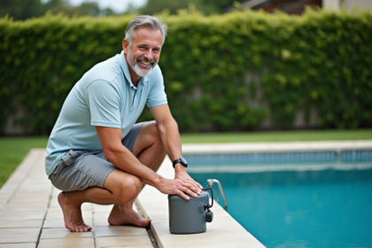 Homme d'âge moyen ajustant le chauffage de piscine extérieur