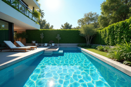 Piscine moderne avec entrée douce et chaises longues