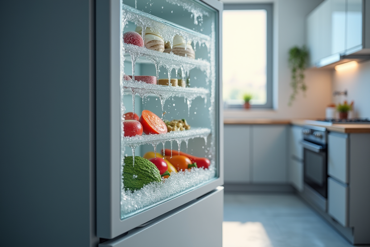 Porte de freezer entrouverte dans une cuisine moderne avec glace fondante