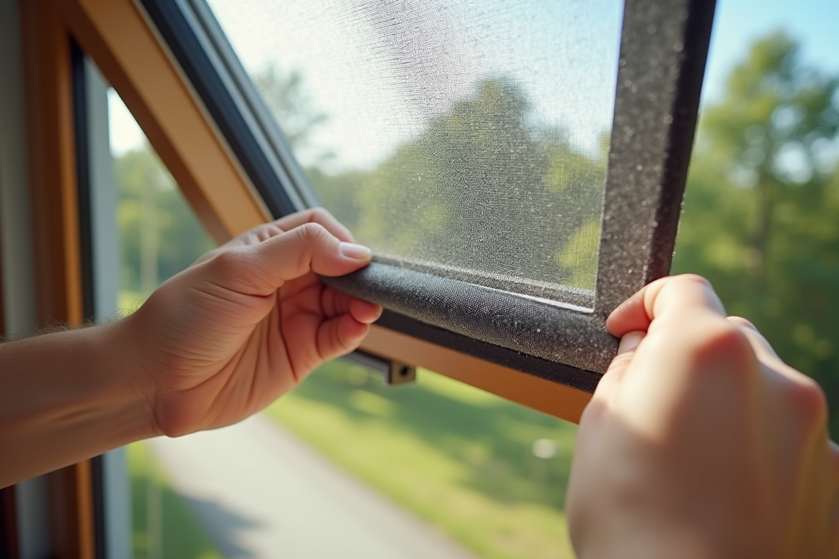 Détail des mains fixant une moustiquaire de qualité sur une fenêtre de toit Roto avec vue sur la nature