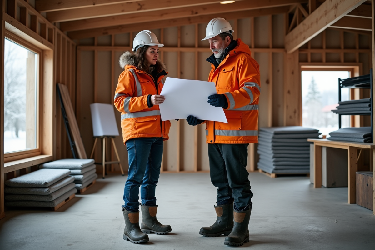 Deux couvreurs professionnels discutant plans dans l