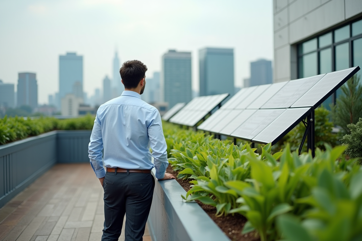 Jeune homme dans un jardin sur le toit avec végétation et panneaux solaires