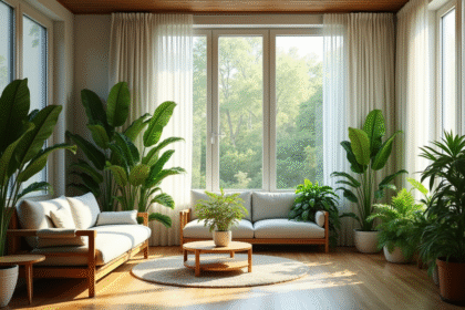 Salon moderne avec plantes vertes et grande fenetre