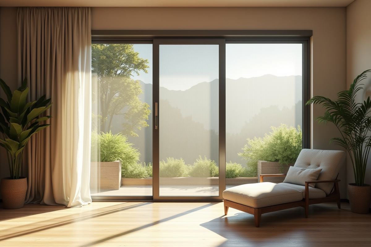 Salon moderne avec porte moustiquaire rétractable et lumière naturelle