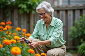 Femme taillant des gazanias dans un jardin paisible
